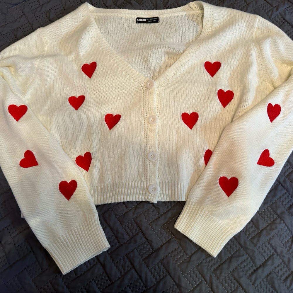 Heart embroidery button front cardigan